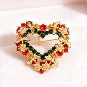 Gold Red Green Floral Heart Brooch Pin Elegant Sophisticated Jewelry